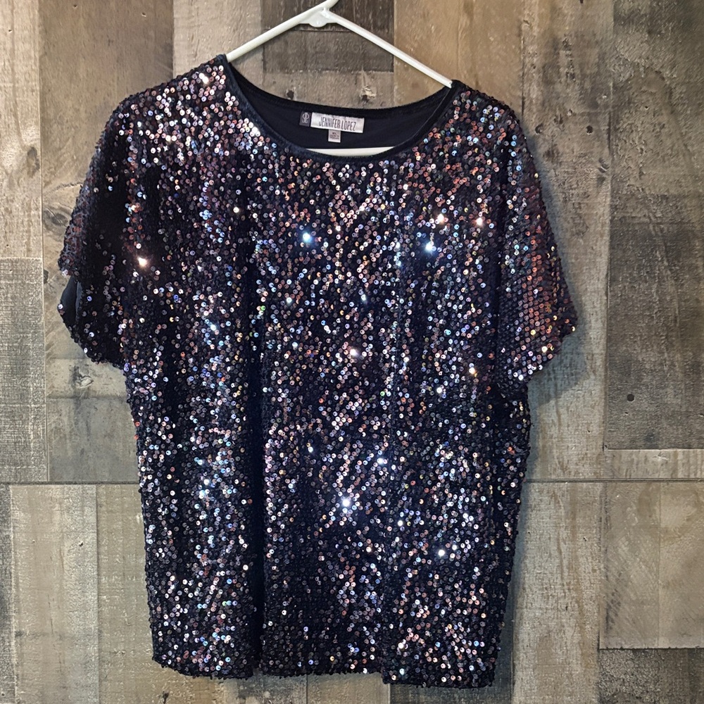 Jennifer Lopez Sparkling Sequin Short Sleeve Top - Navy/Black